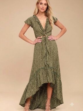 Kivari Capri Spot Tie Up Green White Polka Dot Ruffled High Low Midi Dress Small